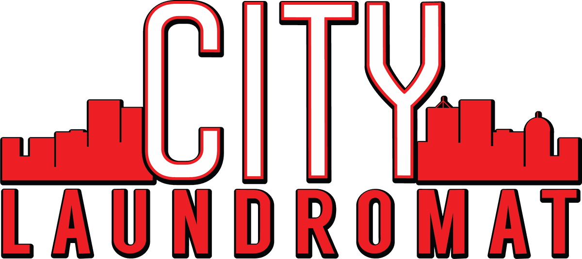City Laundromat logo: the word CITY in tall white letters over a red city skyline, with LAUNDROMAT in red capitals below